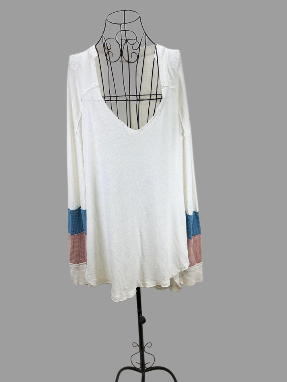We The Free White V-Neck Tunic with Blue and Pink Sleeve Blocks